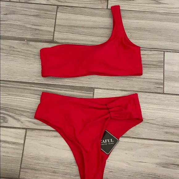 red one shoulder bikini